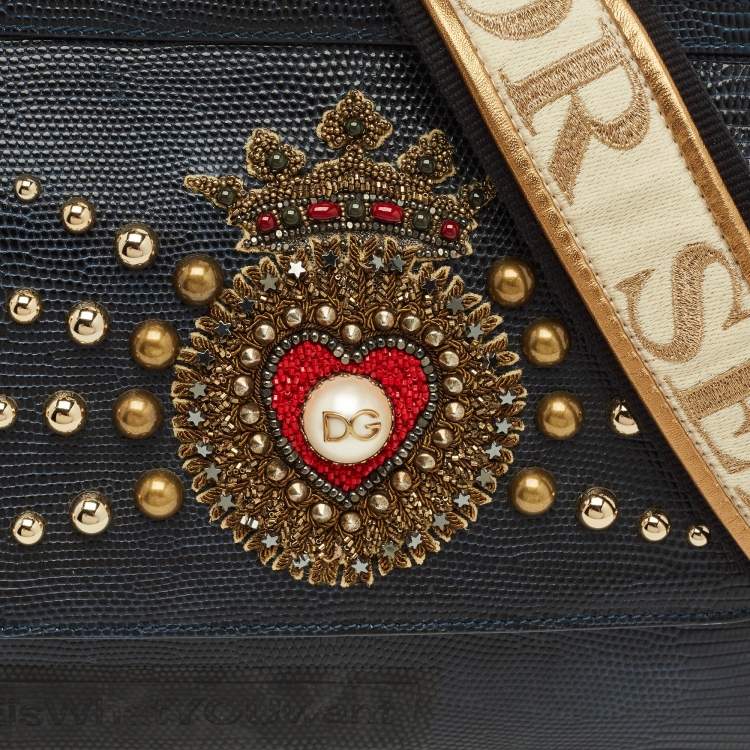 Pre Owned Dolce & Gabbana Heart Embellished Miss Sicily Navy Blue Lizard Embossed Leather Top Handle Bag