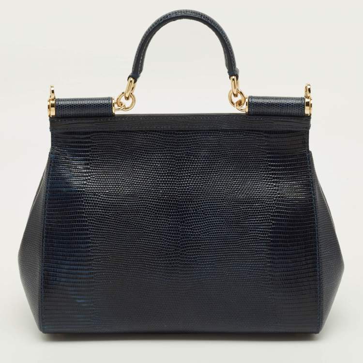 Pre Owned Dolce & Gabbana Heart Embellished Miss Sicily Navy Blue Lizard Embossed Leather Top Handle Bag