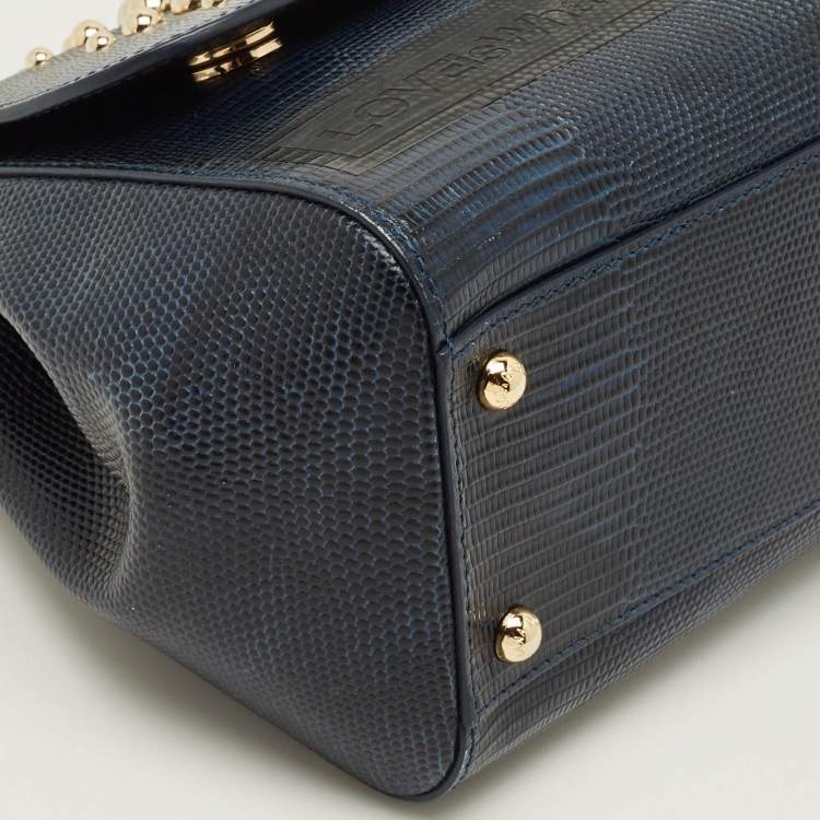 Pre Owned Dolce & Gabbana Heart Embellished Miss Sicily Navy Blue Lizard Embossed Leather Top Handle Bag