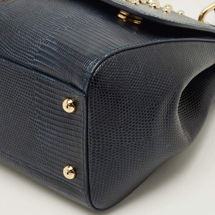 Pre Owned Dolce & Gabbana Heart Embellished Miss Sicily Navy Blue Lizard Embossed Leather Top Handle Bag