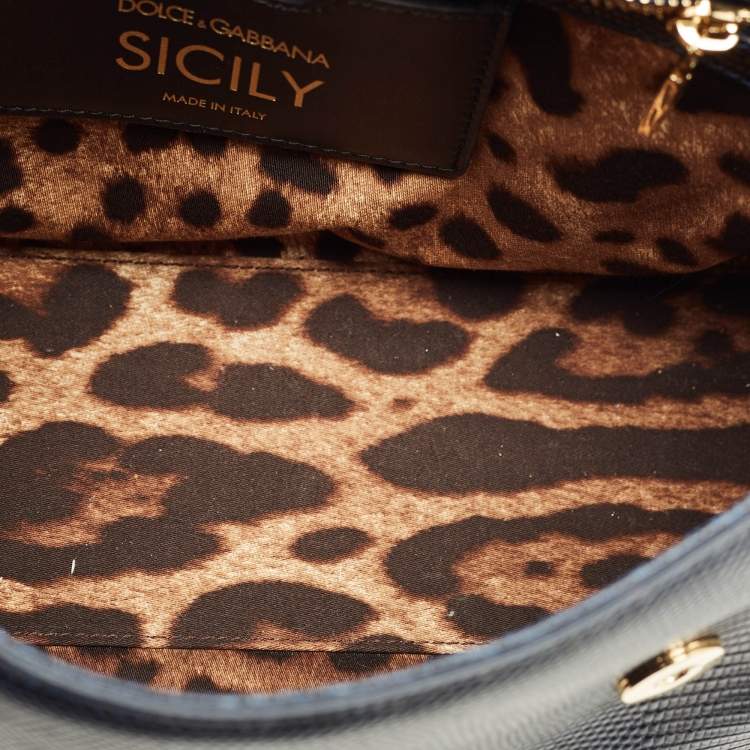 Pre Owned Dolce & Gabbana Heart Embellished Miss Sicily Navy Blue Lizard Embossed Leather Top Handle Bag