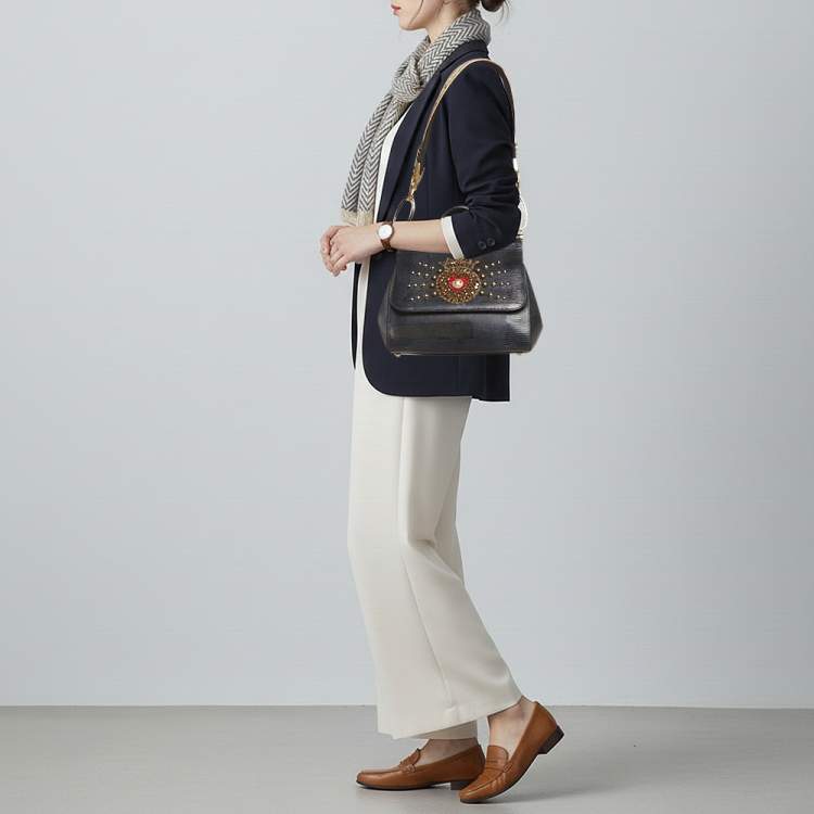 Pre Owned Dolce & Gabbana Heart Embellished Miss Sicily Navy Blue Lizard Embossed Leather Top Handle Bag