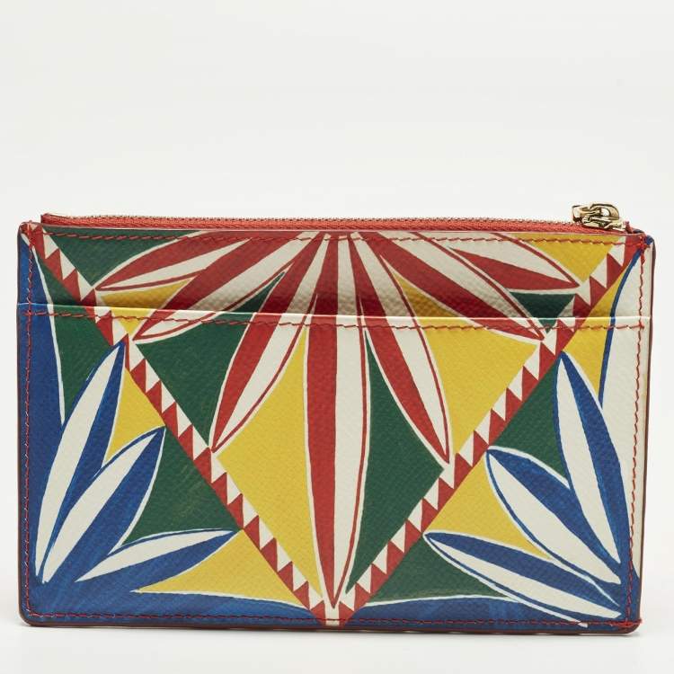 Pre Owned Dolce & Gabbana Multicolor Geomteric Print Leather Zip Card Case