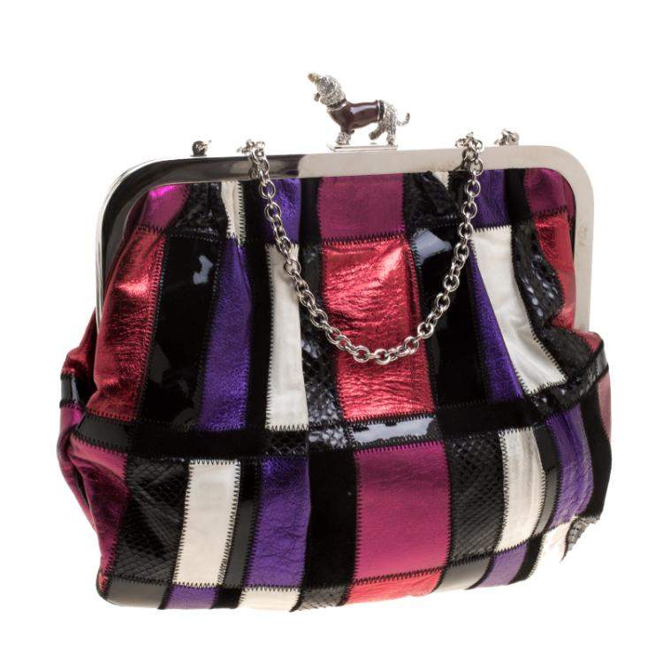 Pre Owned Dolce & Gabbana Multicolor Patchwork Crystal Embellished Chain Clutch