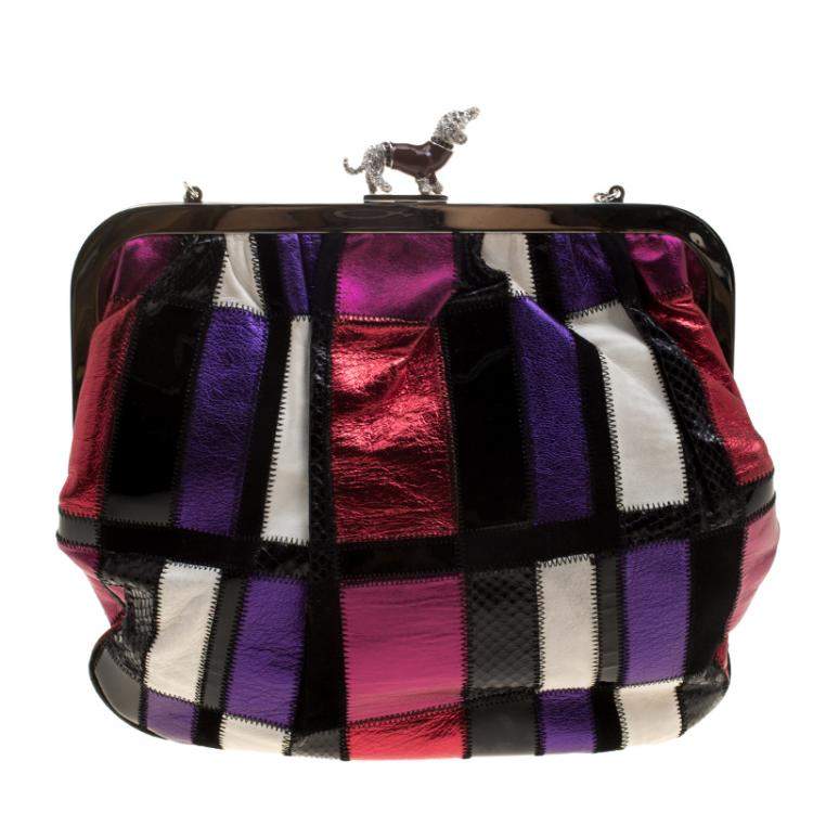 Pre Owned Dolce & Gabbana Multicolor Patchwork Crystal Embellished Chain Clutch