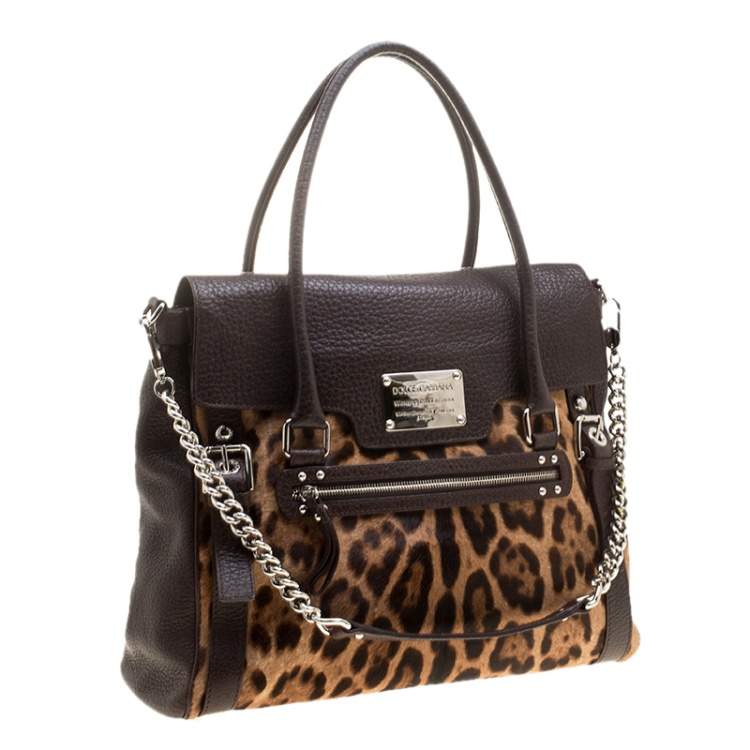 Pre Owned Dolce & Gabbana Dark Brown Leopard Print Leather and Calf Hair Top Handle Bag