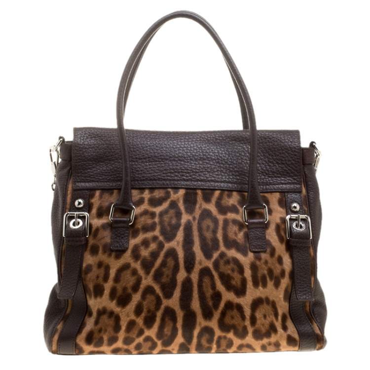Pre Owned Dolce & Gabbana Dark Brown Leopard Print Leather and Calf Hair Top Handle Bag