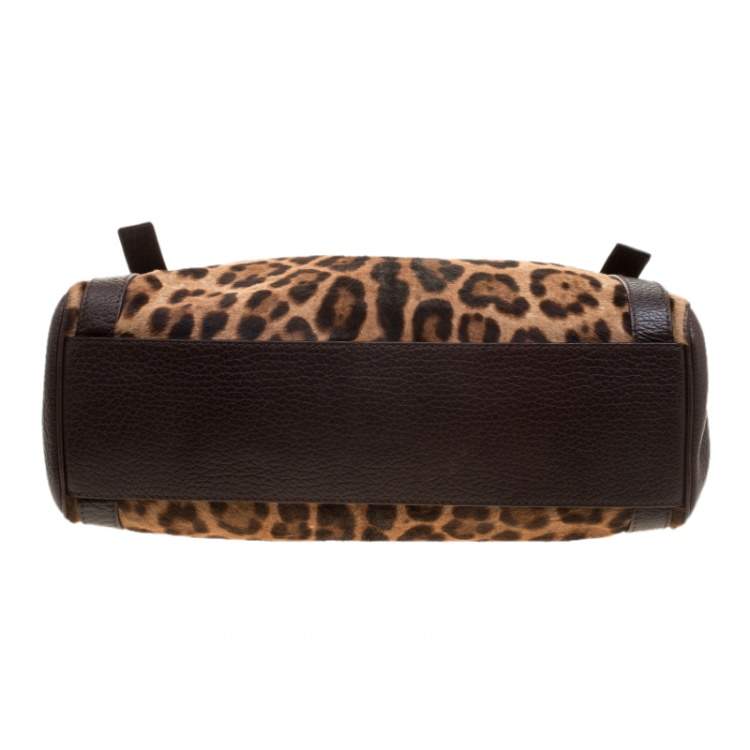 Pre Owned Dolce & Gabbana Dark Brown Leopard Print Leather and Calf Hair Top Handle Bag
