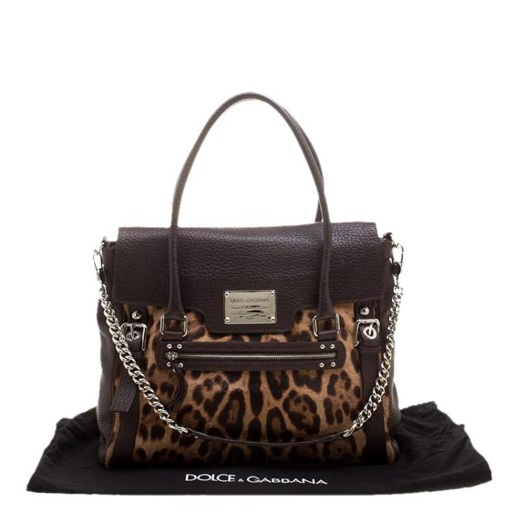 Pre Owned Dolce & Gabbana Dark Brown Leopard Print Leather and Calf Hair Top Handle Bag
