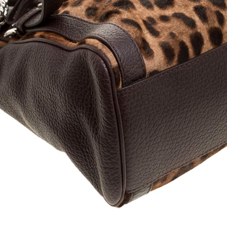 Pre Owned Dolce & Gabbana Dark Brown Leopard Print Leather and Calf Hair Top Handle Bag