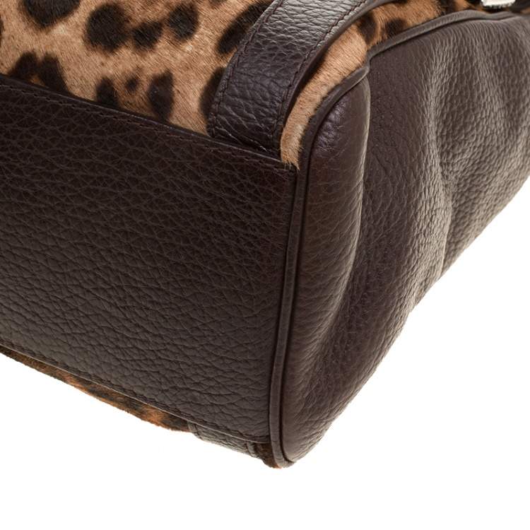 Pre Owned Dolce & Gabbana Dark Brown Leopard Print Leather and Calf Hair Top Handle Bag