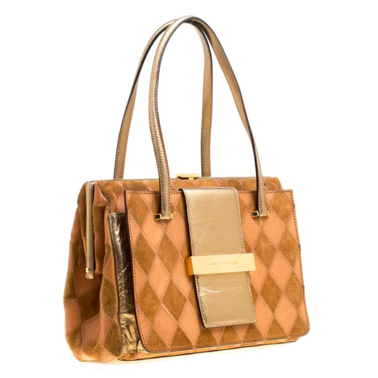 Pre Owned Dolce & Gabbana Peach/Gold Quilted Stitch Leather and Suede Frame Bag 