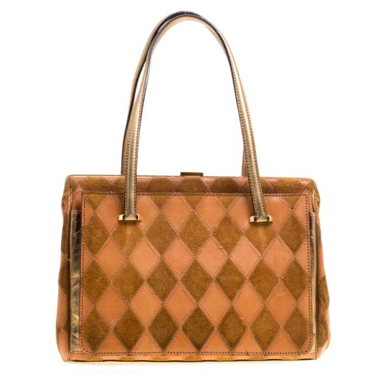 Pre Owned Dolce & Gabbana Peach/Gold Quilted Stitch Leather and Suede Frame Bag 