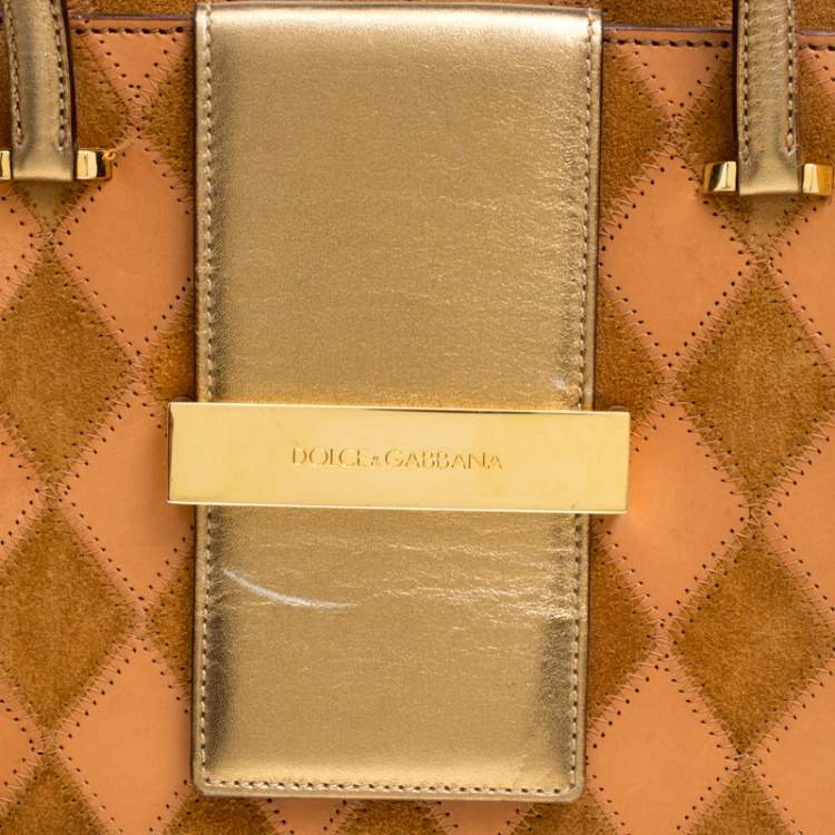 Pre Owned Dolce & Gabbana Peach/Gold Quilted Stitch Leather and Suede Frame Bag 