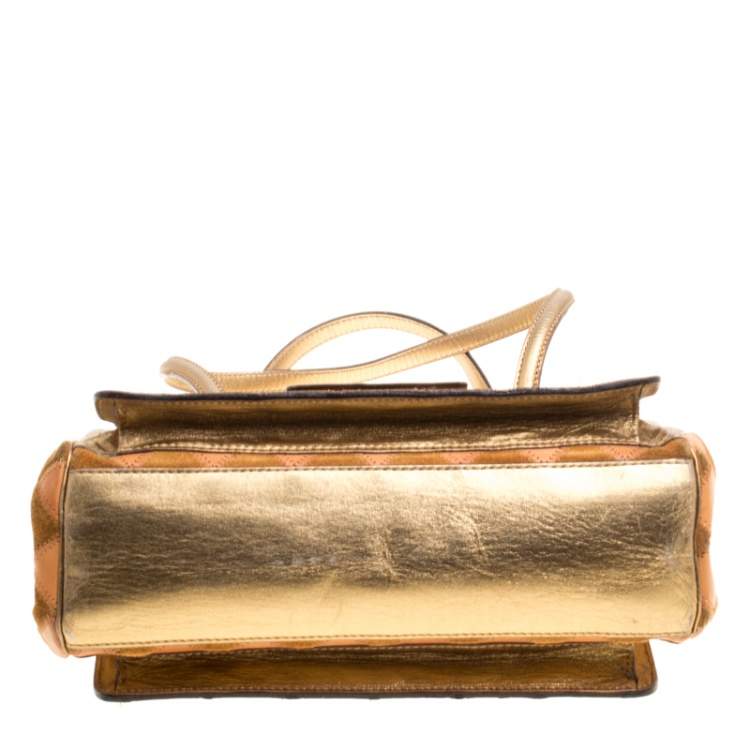 Pre Owned Dolce & Gabbana Peach/Gold Quilted Stitch Leather and Suede Frame Bag 