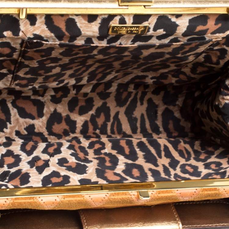 Pre Owned Dolce & Gabbana Peach/Gold Quilted Stitch Leather and Suede Frame Bag 