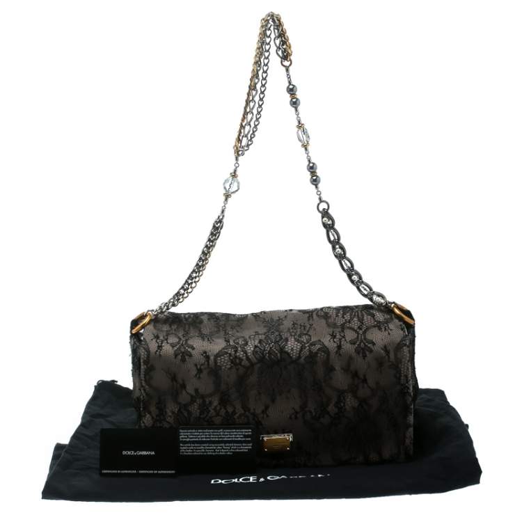 Pre Owned Dolce & Gabbana Black/Taupe Lace and Suede Miss Charles Shoulder Bag