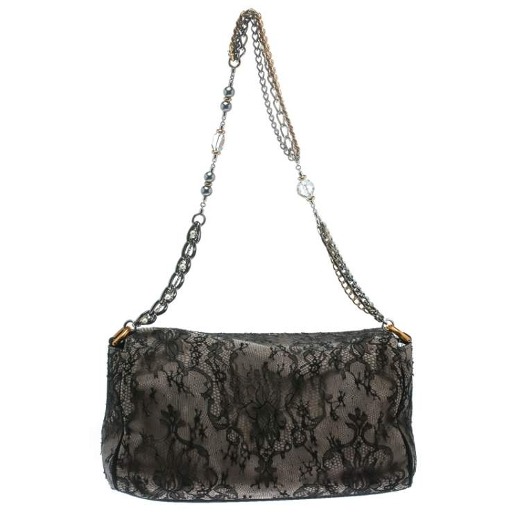 Pre Owned Dolce & Gabbana Black/Taupe Lace and Suede Miss Charles Shoulder Bag