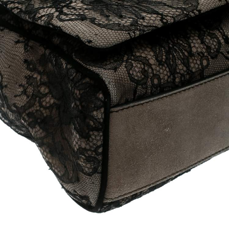 Pre Owned Dolce & Gabbana Black/Taupe Lace and Suede Miss Charles Shoulder Bag
