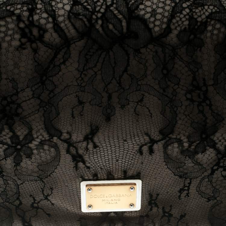 Pre Owned Dolce & Gabbana Black/Taupe Lace and Suede Miss Charles Shoulder Bag