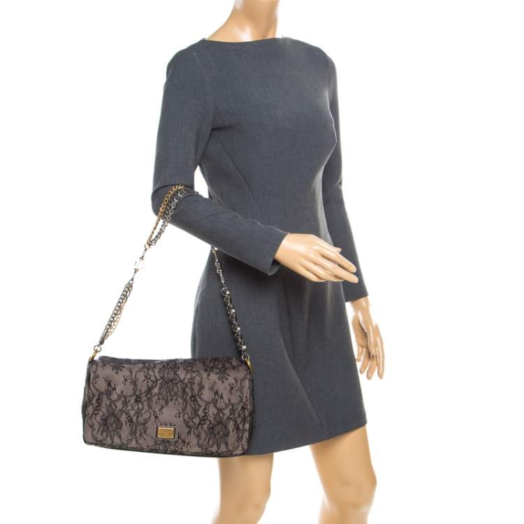 Pre Owned Dolce & Gabbana Black/Taupe Lace and Suede Miss Charles Shoulder Bag