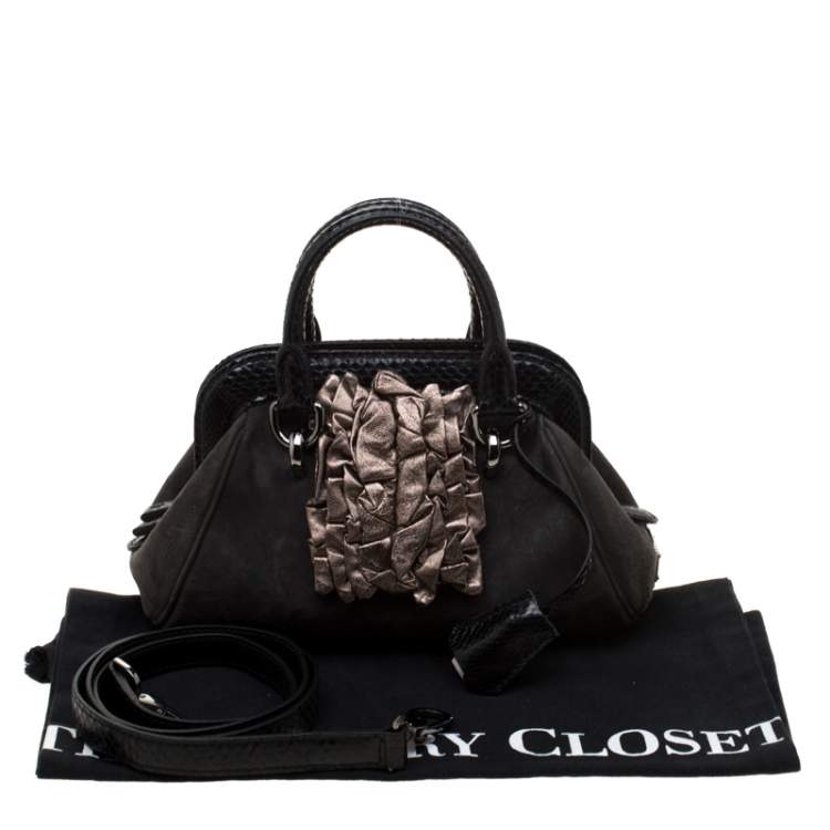 Pre Owned Dolce & Gabbana Black Suede and Python Trim  Frame Satchel