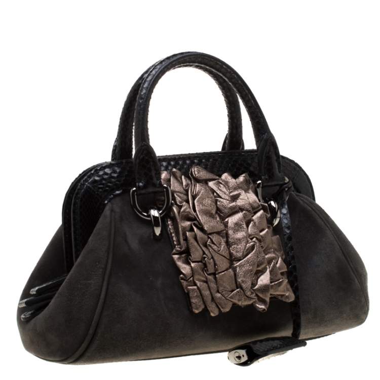 Pre Owned Dolce & Gabbana Black Suede and Python Trim  Frame Satchel