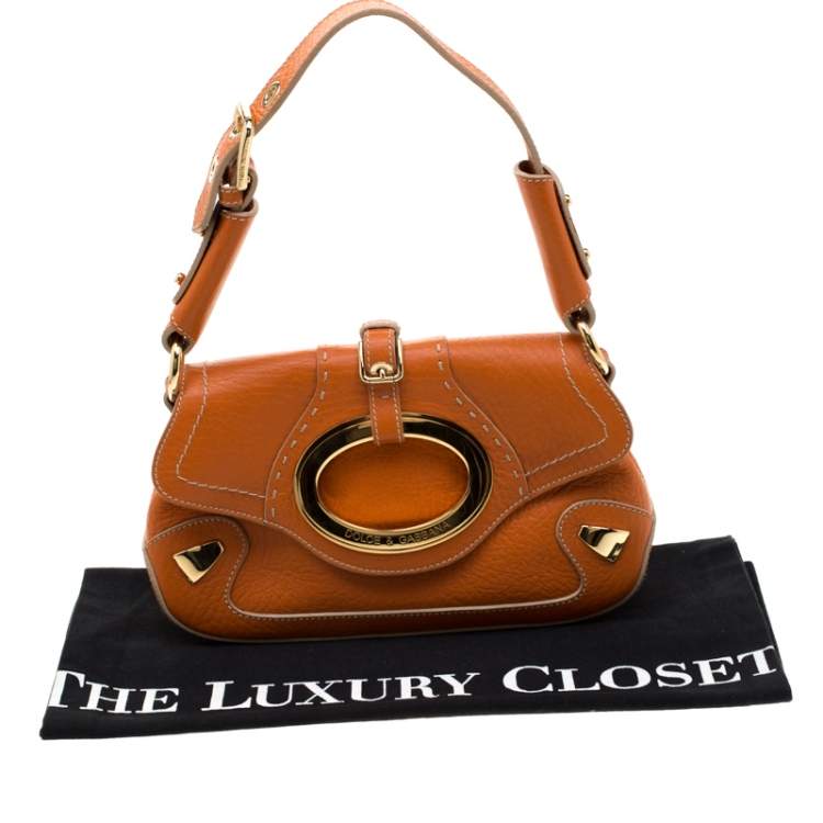 Pre Owned Dolce & Gabbana Orange Pebbled Leather Ring Shoulder Bag