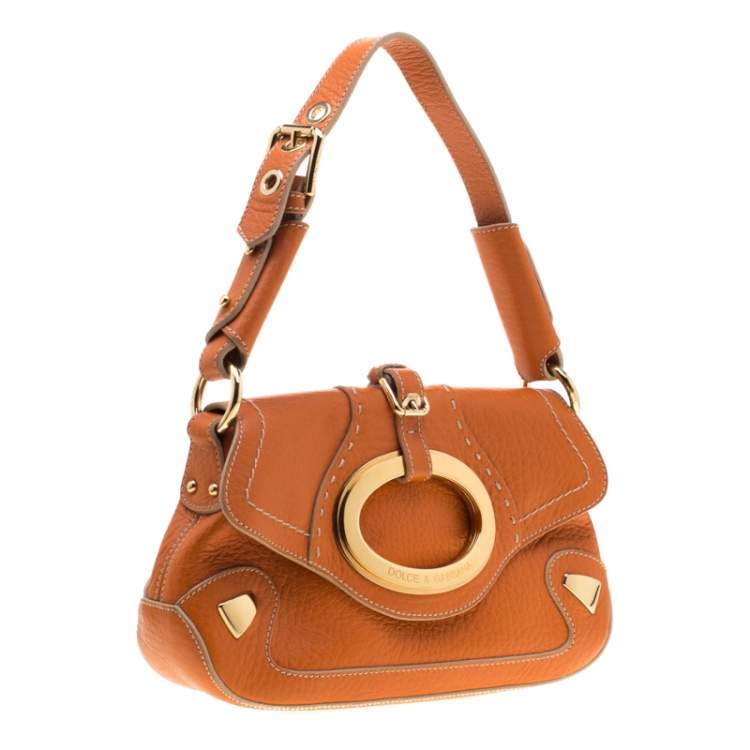 Pre Owned Dolce & Gabbana Orange Pebbled Leather Ring Shoulder Bag