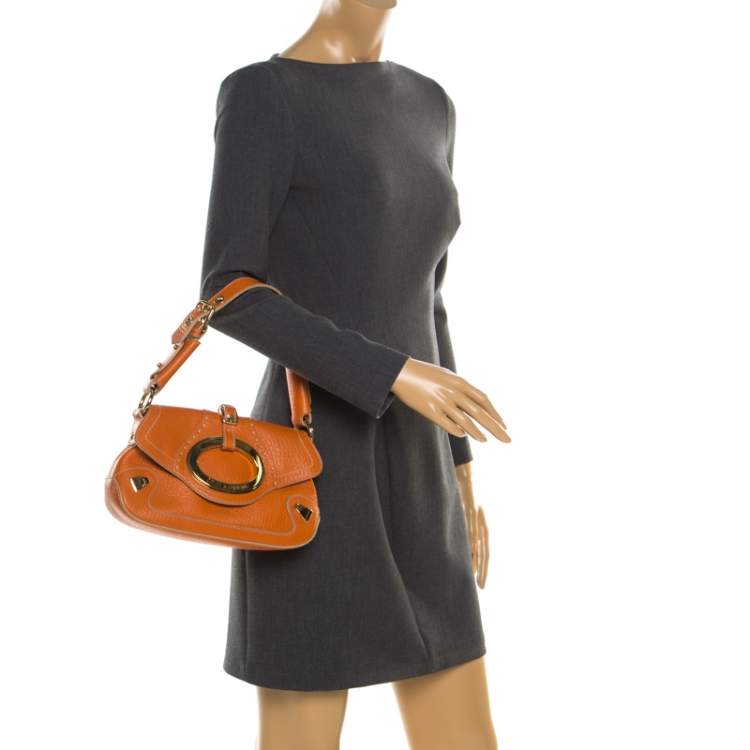 Pre Owned Dolce & Gabbana Orange Pebbled Leather Ring Shoulder Bag