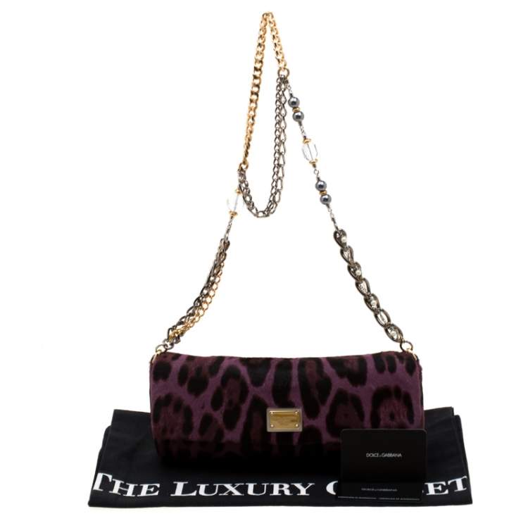 Pre Owned Dolce & Gabbana Purple Leopard Print Calfhair Chain Clutch