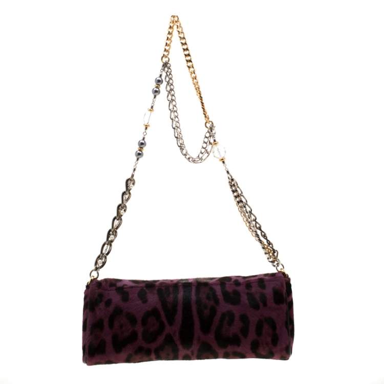Pre Owned Dolce & Gabbana Purple Leopard Print Calfhair Chain Clutch