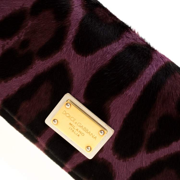 Pre Owned Dolce & Gabbana Purple Leopard Print Calfhair Chain Clutch