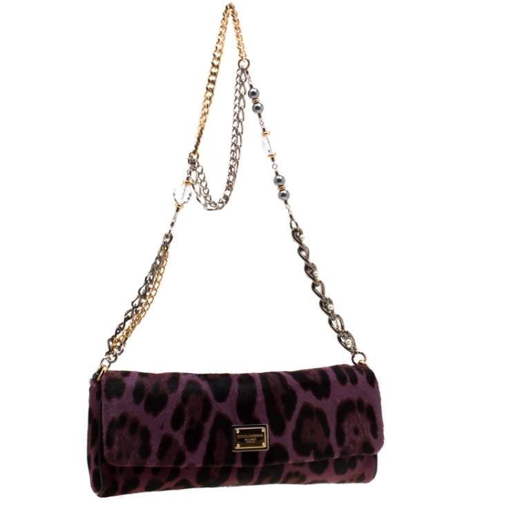 Pre Owned Dolce & Gabbana Purple Leopard Print Calfhair Chain Clutch