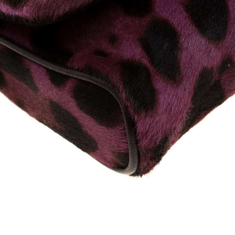 Pre Owned Dolce & Gabbana Purple Leopard Print Calfhair Chain Clutch