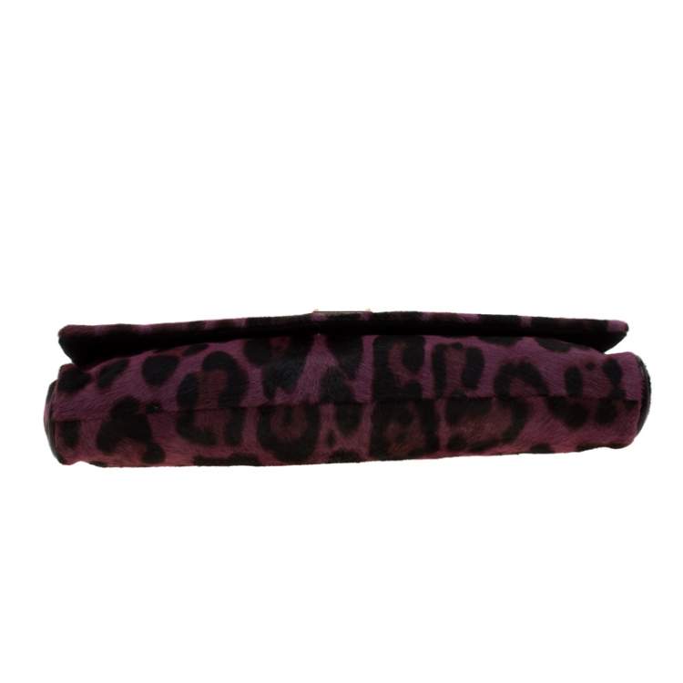 Pre Owned Dolce & Gabbana Purple Leopard Print Calfhair Chain Clutch