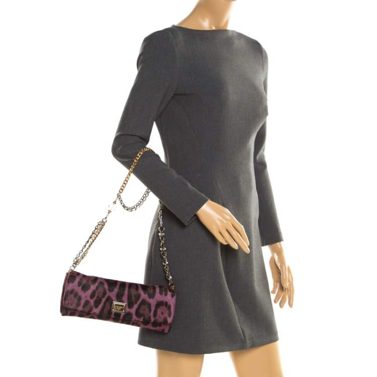 Pre Owned Dolce & Gabbana Purple Leopard Print Calfhair Chain Clutch