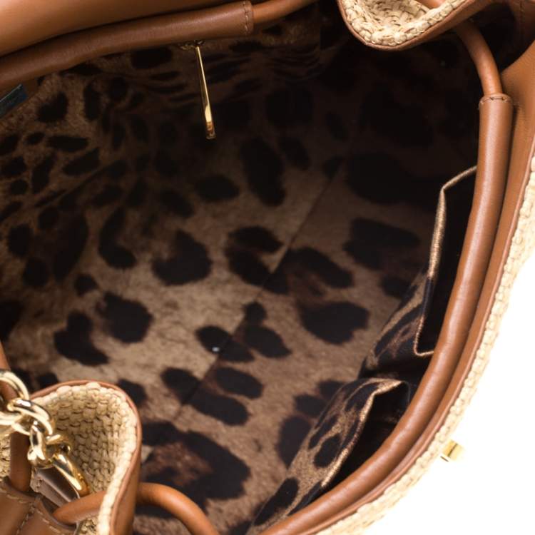 Pre Owned Dolce & Gabbana Beige Raffia and Leather Miss Dolce Top Handle Bag