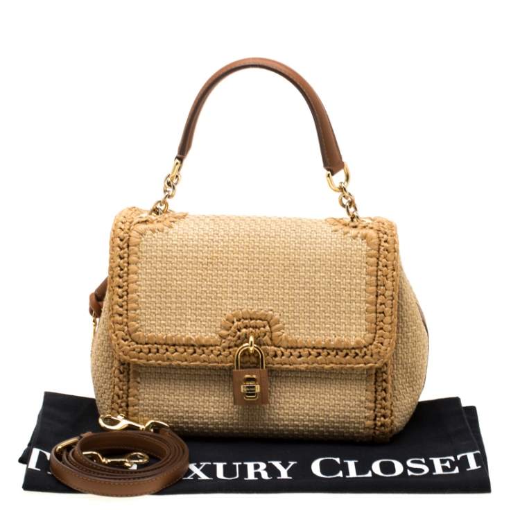 Pre Owned Dolce & Gabbana Beige Raffia and Leather Miss Dolce Top Handle Bag