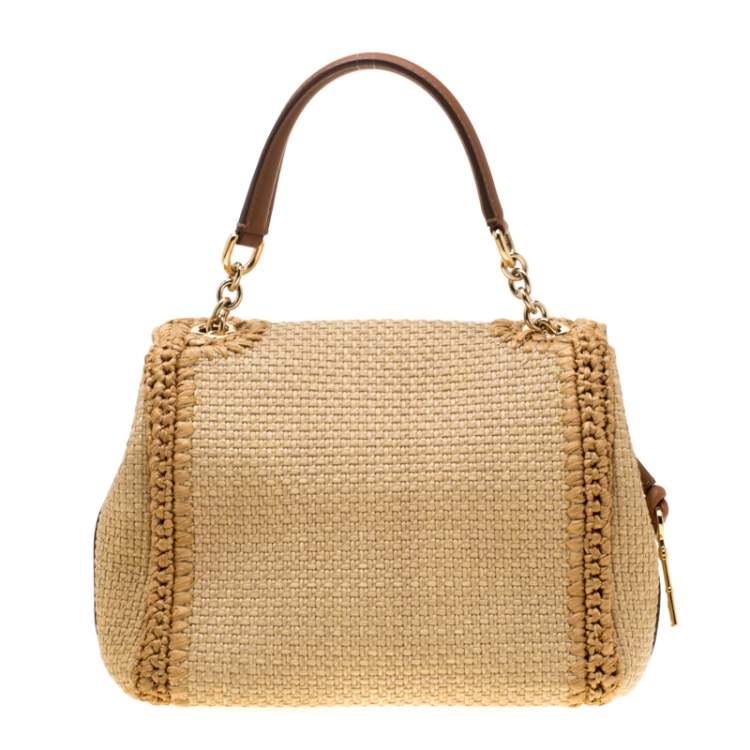 Pre Owned Dolce & Gabbana Beige Raffia and Leather Miss Dolce Top Handle Bag