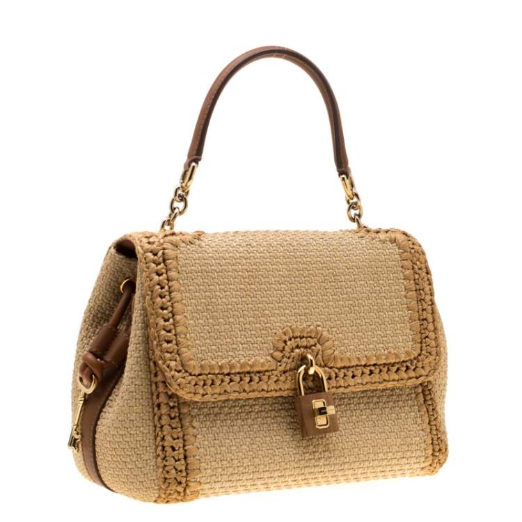 Pre Owned Dolce & Gabbana Beige Raffia and Leather Miss Dolce Top Handle Bag