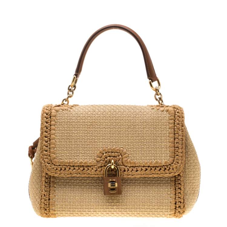 Pre Owned Dolce & Gabbana Beige Raffia and Leather Miss Dolce Top Handle Bag