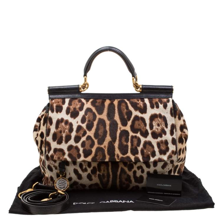 مملوكة مسبقًا Dolce & Gabbana Beige/Black Leopard Print Calfhair Large Miss Sicily Top Handle Bag 