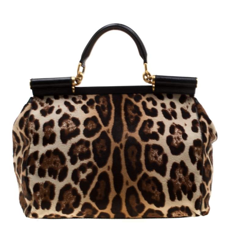 مملوكة مسبقًا Dolce & Gabbana Beige/Black Leopard Print Calfhair Large Miss Sicily Top Handle Bag 