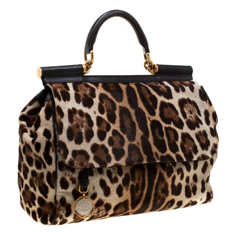 مملوكة مسبقًا Dolce & Gabbana Beige/Black Leopard Print Calfhair Large Miss Sicily Top Handle Bag 