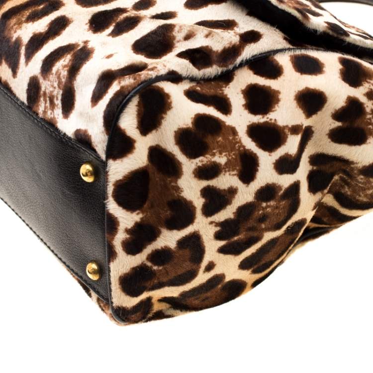 مملوكة مسبقًا Dolce & Gabbana Beige/Black Leopard Print Calfhair Large Miss Sicily Top Handle Bag 