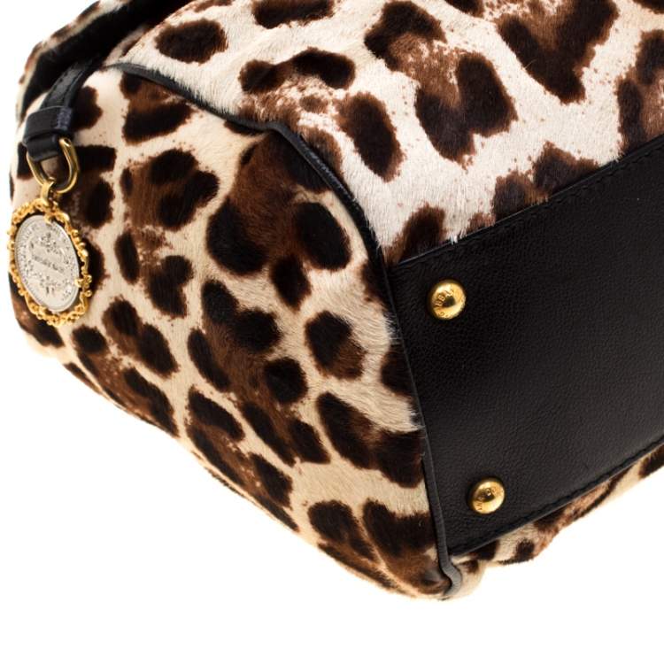 مملوكة مسبقًا Dolce & Gabbana Beige/Black Leopard Print Calfhair Large Miss Sicily Top Handle Bag 