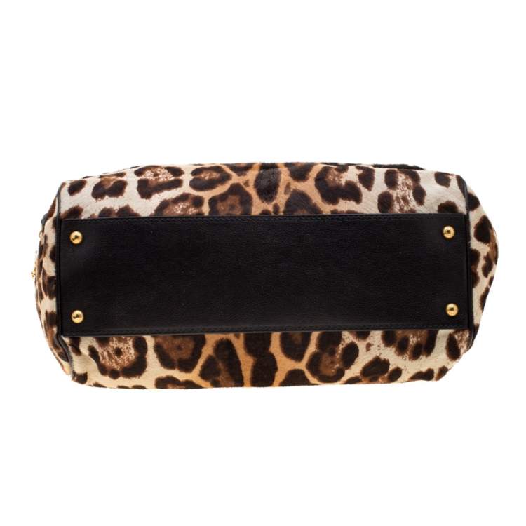مملوكة مسبقًا Dolce & Gabbana Beige/Black Leopard Print Calfhair Large Miss Sicily Top Handle Bag 