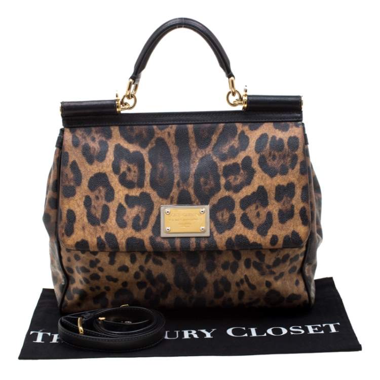 Pre Owned Dolce & Gabbana Leopard Print Coated Canvas and Leather Large Miss Sicily Top Handle Bag 