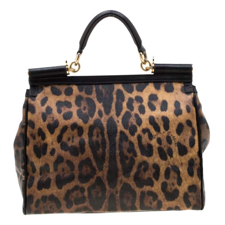 Pre Owned Dolce & Gabbana Leopard Print Coated Canvas and Leather Large Miss Sicily Top Handle Bag 